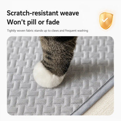 Scratch-resistant ice-silk weave — won't pill or fade, cat paw close-up
