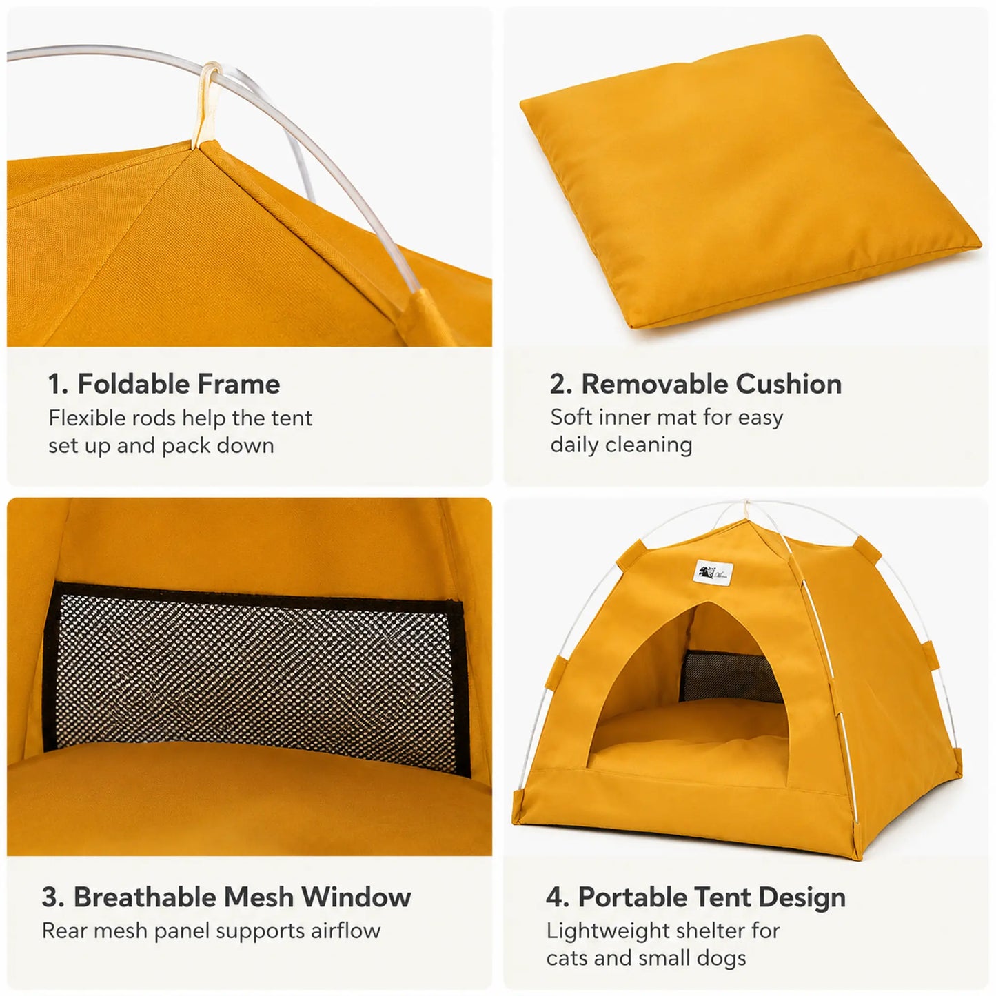 Feature details for foldable frame, removable cushion, breathable mesh window, and portable tent design