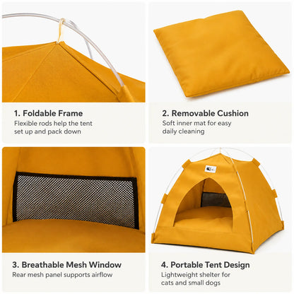 Feature details for foldable frame, removable cushion, breathable mesh window, and portable tent design