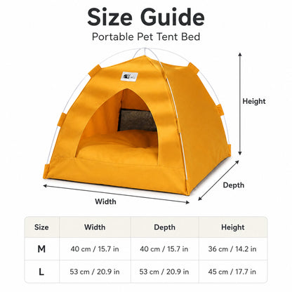 Size guide for M and L portable pet tent bed with width, depth, and height measurements