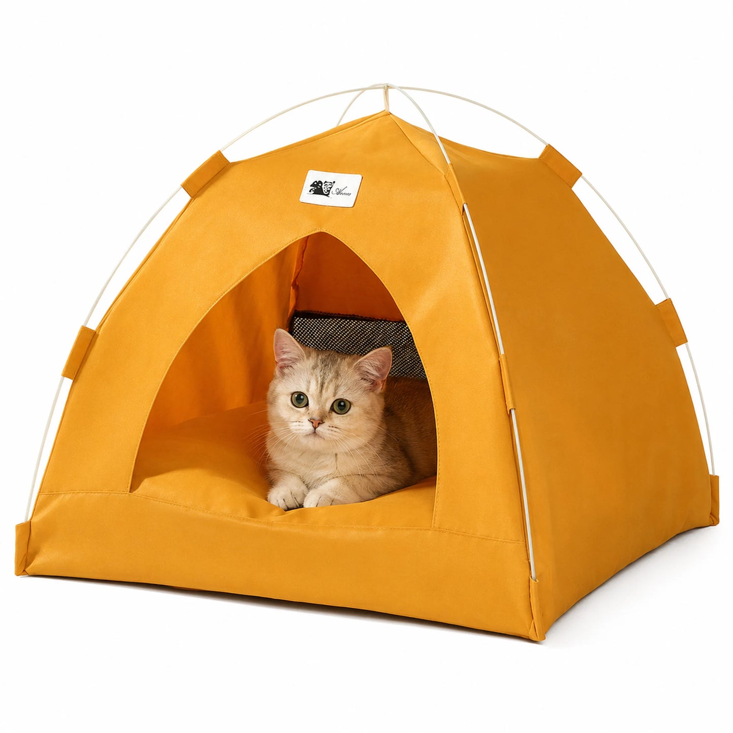 Small cat resting inside a mustard yellow foldable pet tent bed