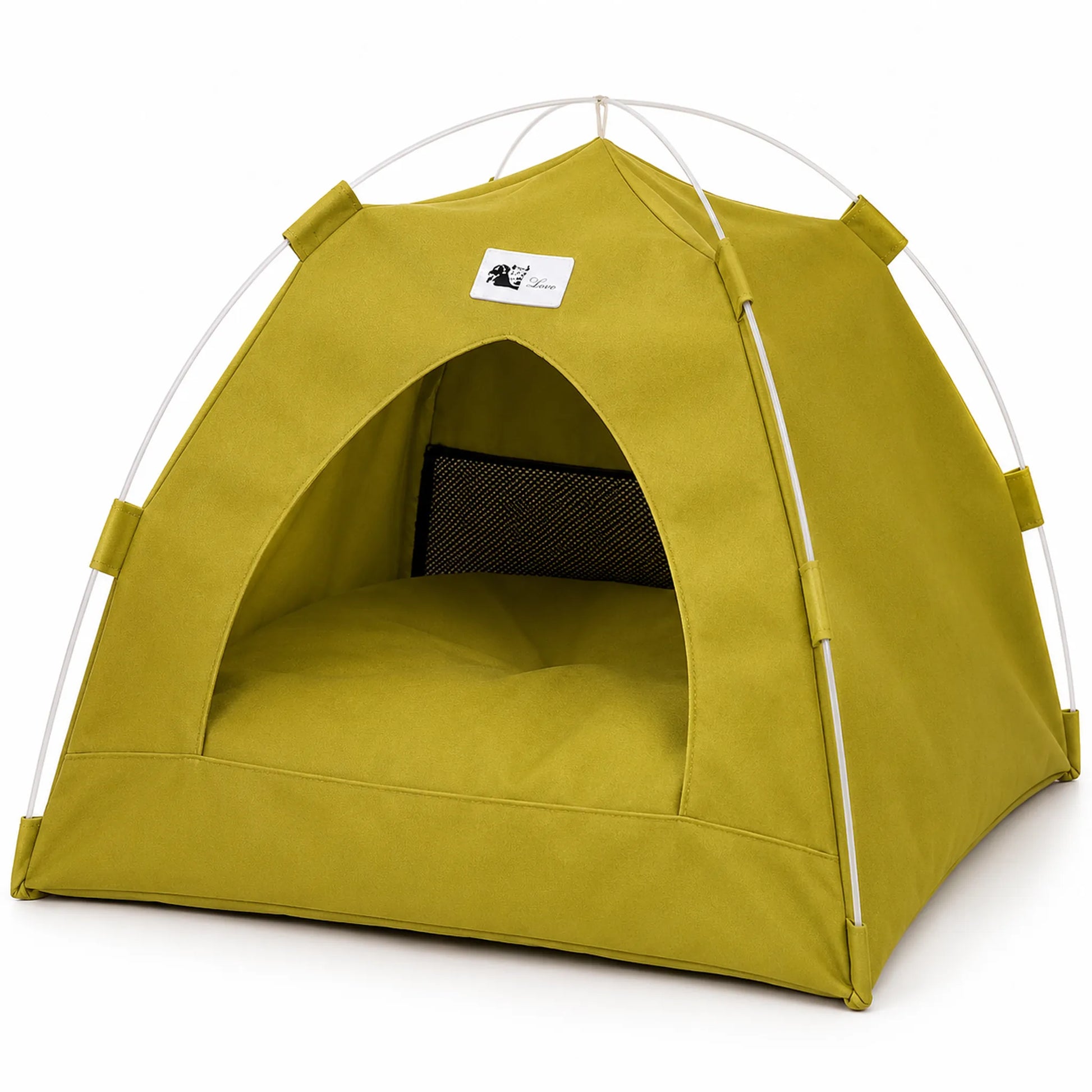 Olive Green foldable pet tent bed with arched entrance and removable cushion
