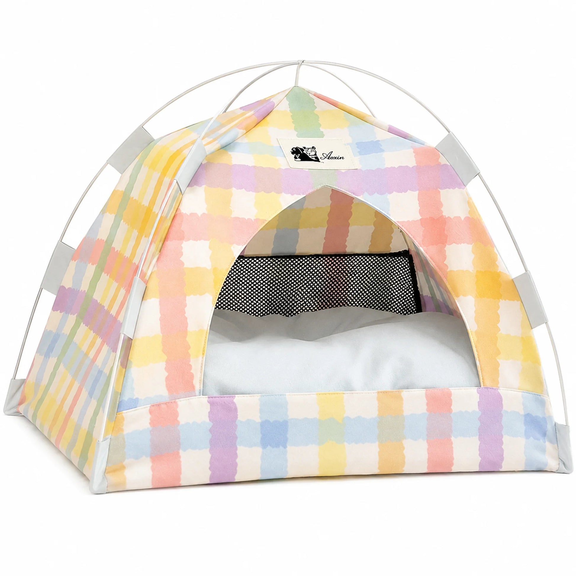 Pastel Plaid foldable pet tent bed with breathable mesh window and white cushion