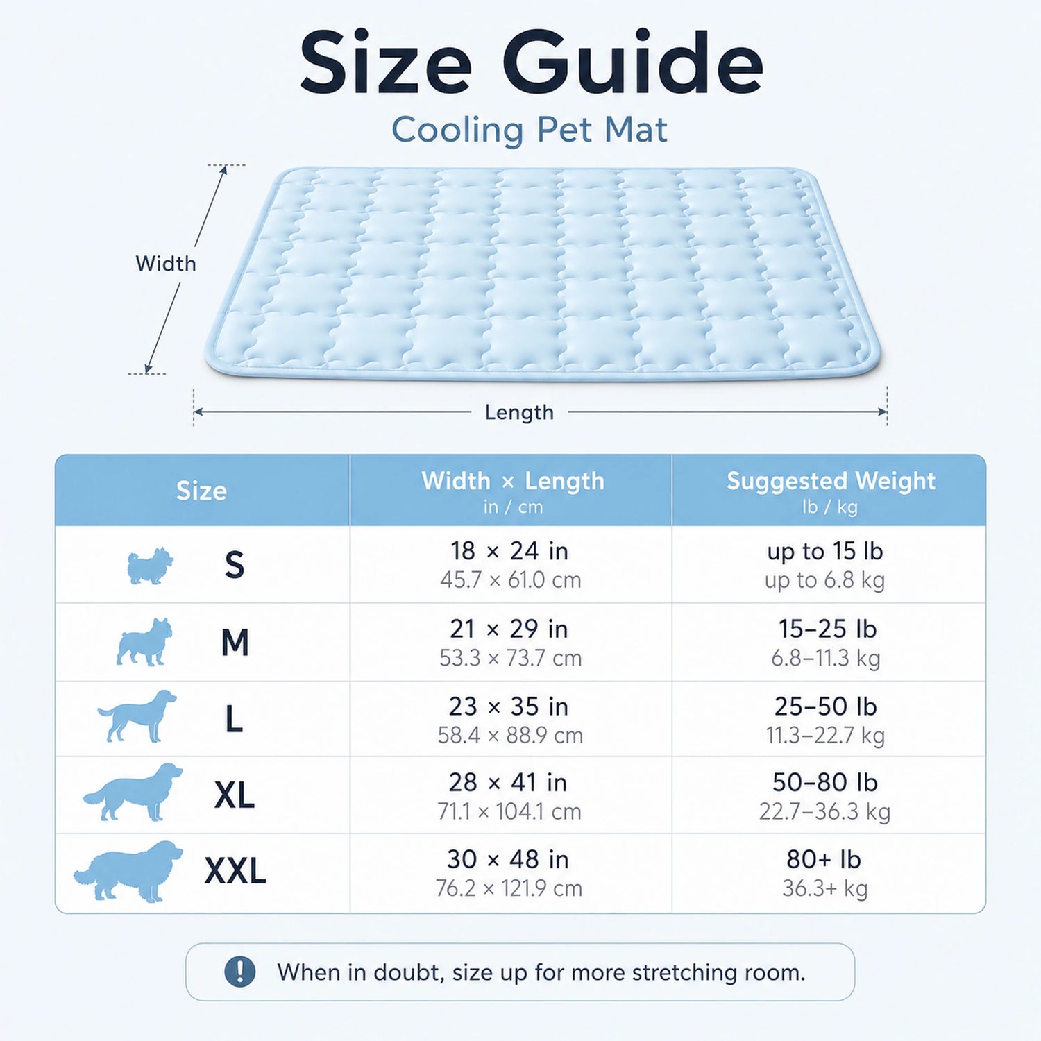 Cooling pet mat size guide from S to XXL with inch and centimeter measurements