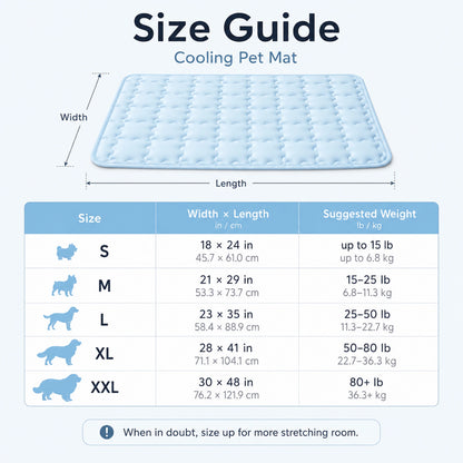Cooling pet mat size guide from S to XXL with inch and centimeter measurements