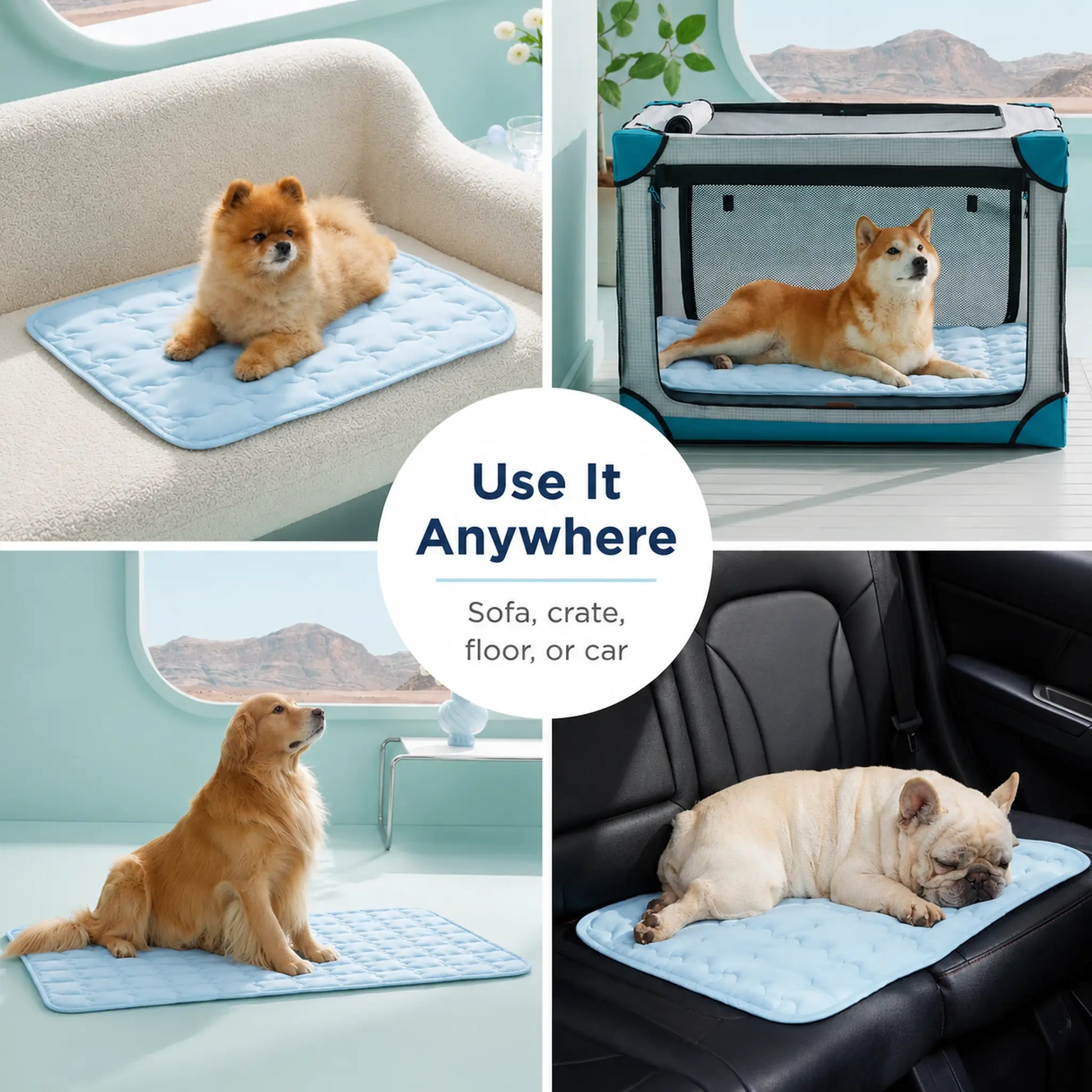 Cooling pet mat used on a sofa, inside a crate, on the floor, and in a car