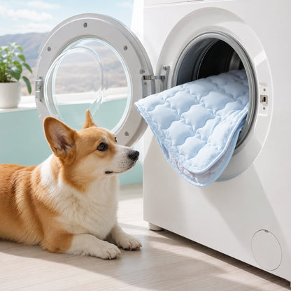 Machine-washable ice blue cooling pet mat shown near a front-load washing machine