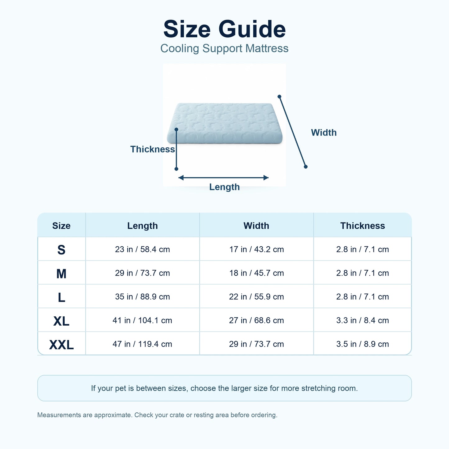 Cooling support dog mattress size guide from S to XXL with length width and thickness