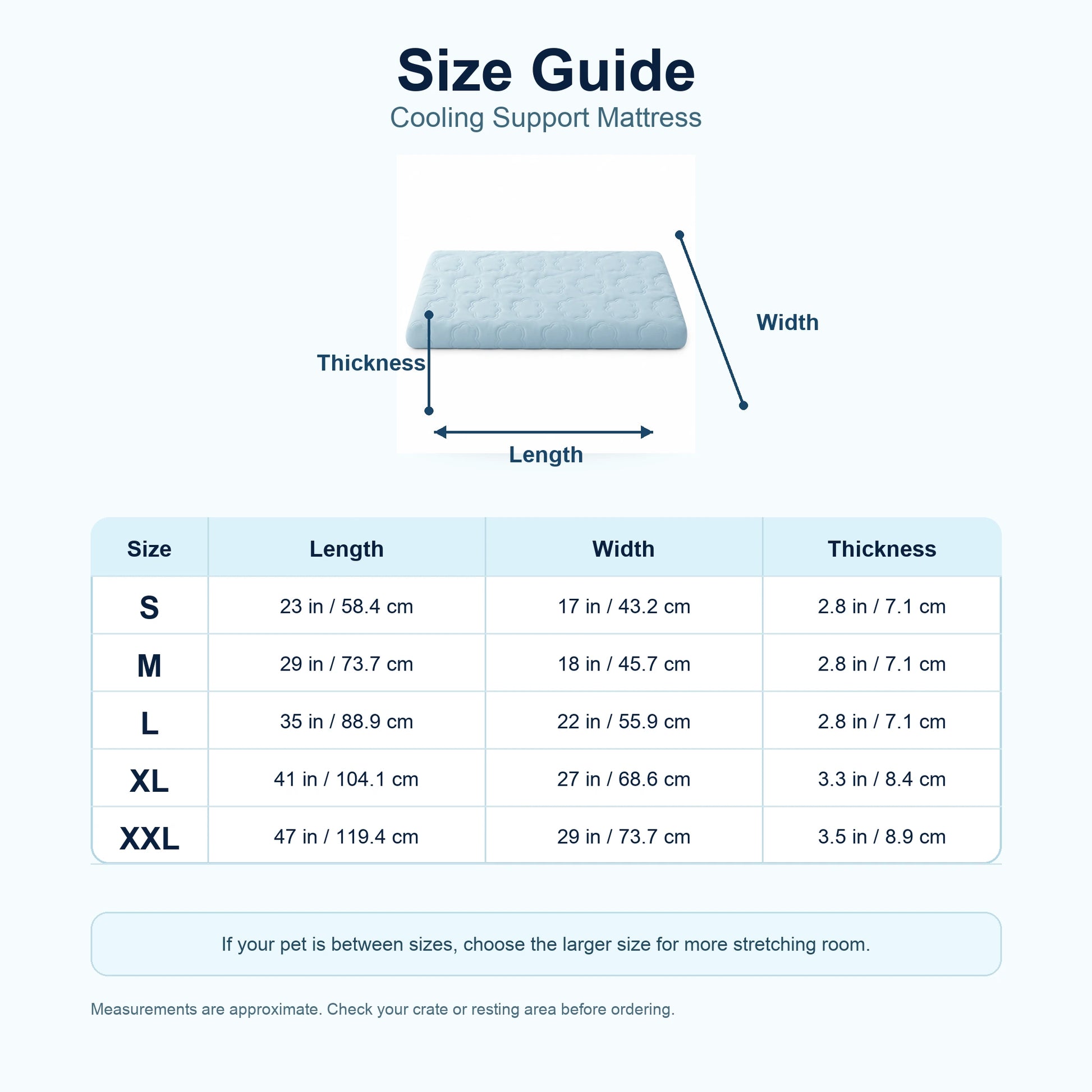 Cooling support dog mattress size guide from S to XXL with length width and thickness