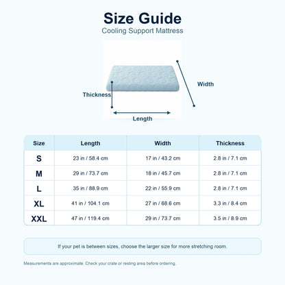 Cooling support dog mattress size guide from S to XXL with length width and thickness