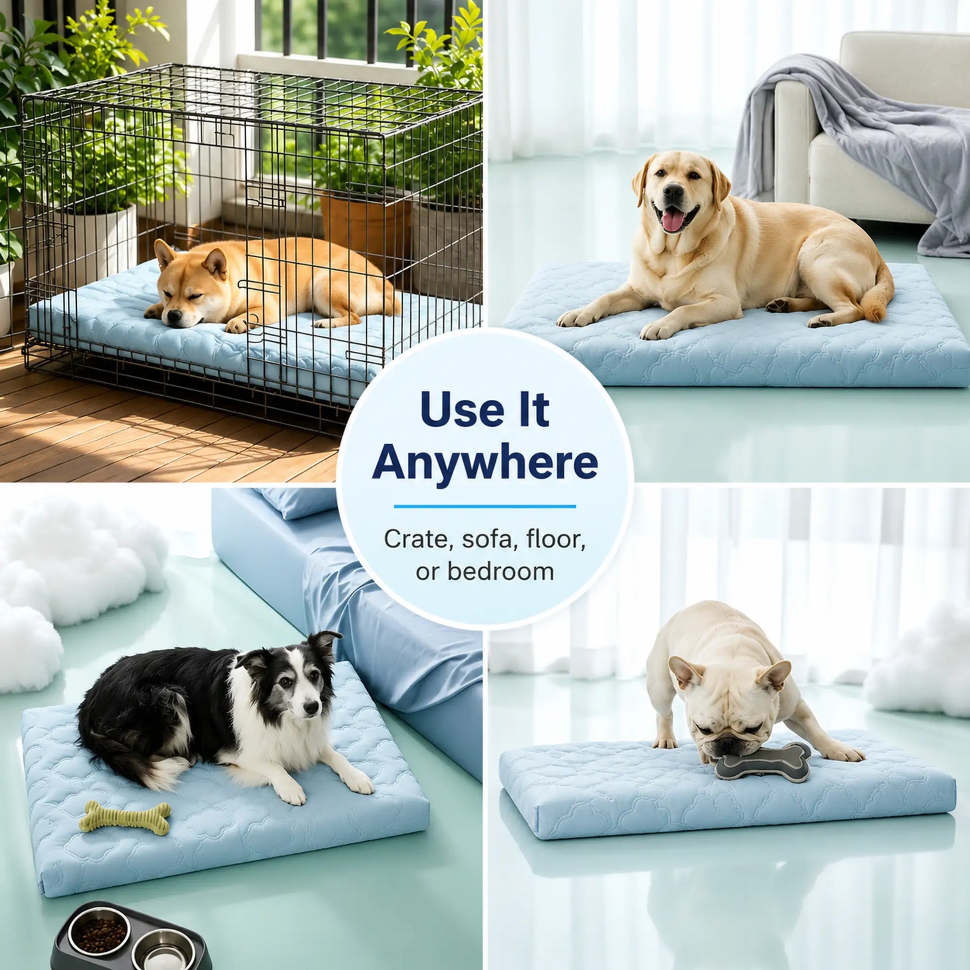 Cooling support dog mattress used in a crate, on a sofa, on the floor, and in a bedroom