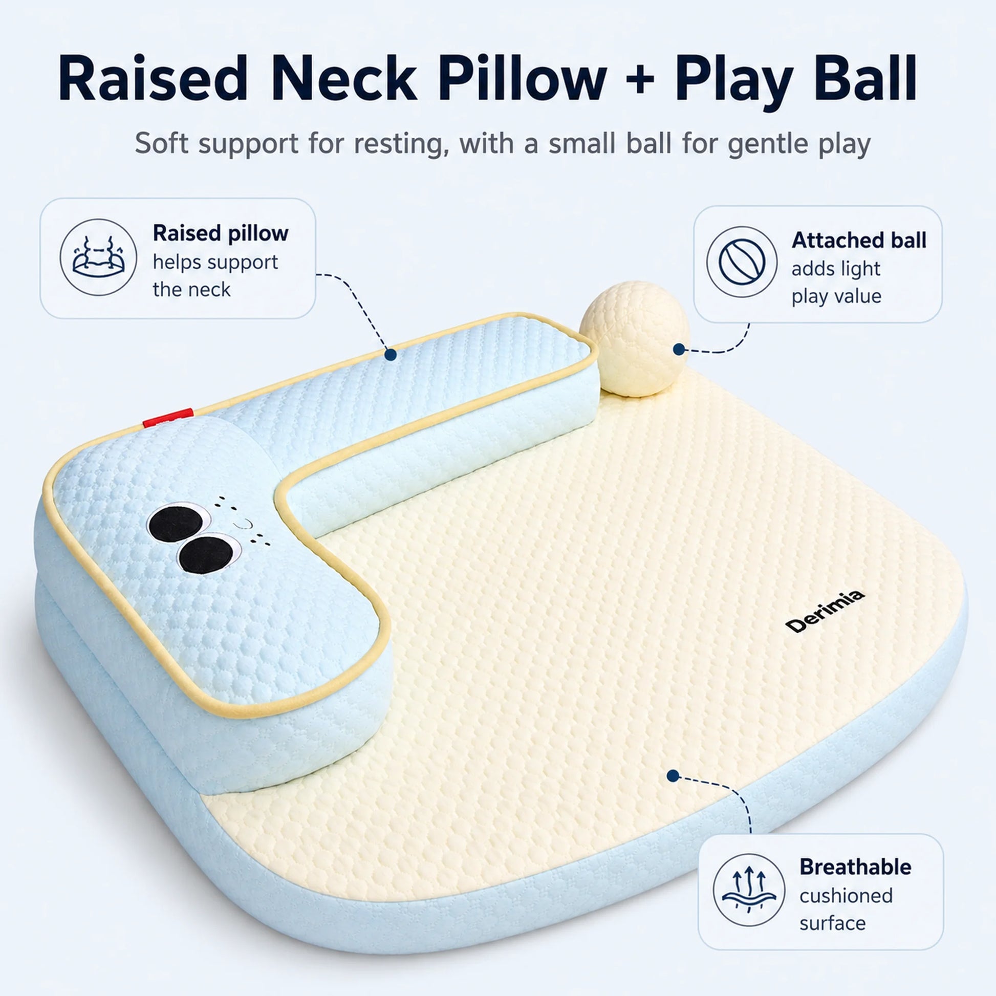 Feature diagram showing raised neck pillow and attached play ball on pet sleep mat