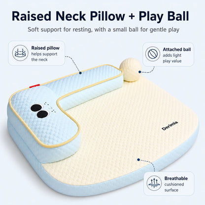 Feature diagram showing raised neck pillow and attached play ball on pet sleep mat