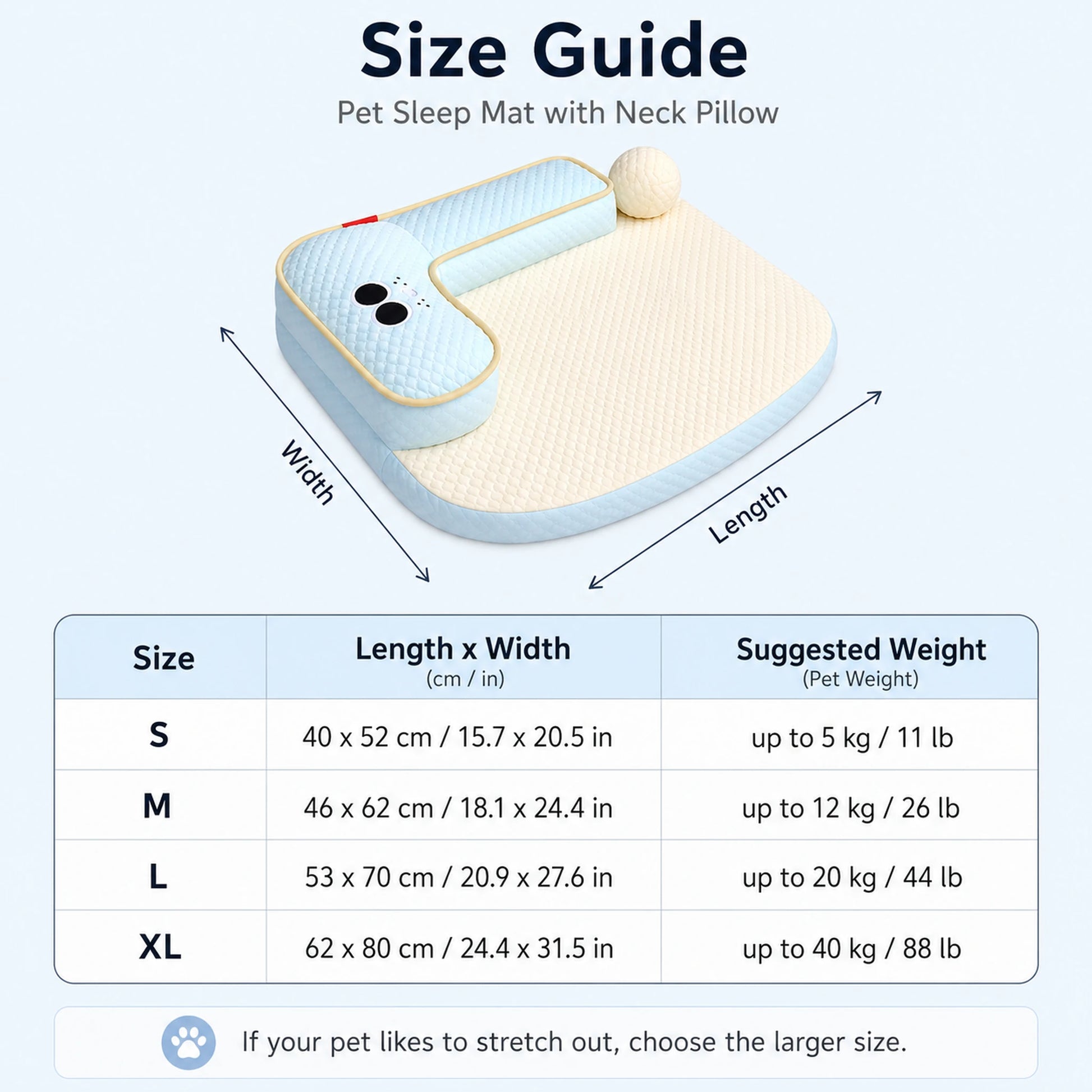 Size guide for cooling pet sleep mat with S M L and XL dimensions