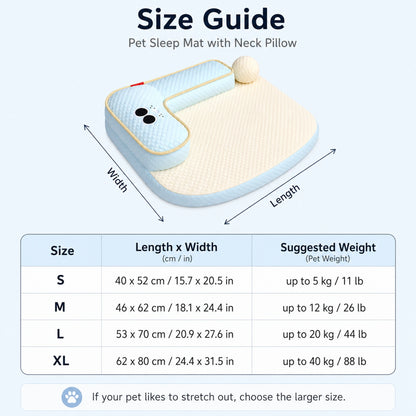 Size guide for cooling pet sleep mat with S M L and XL dimensions