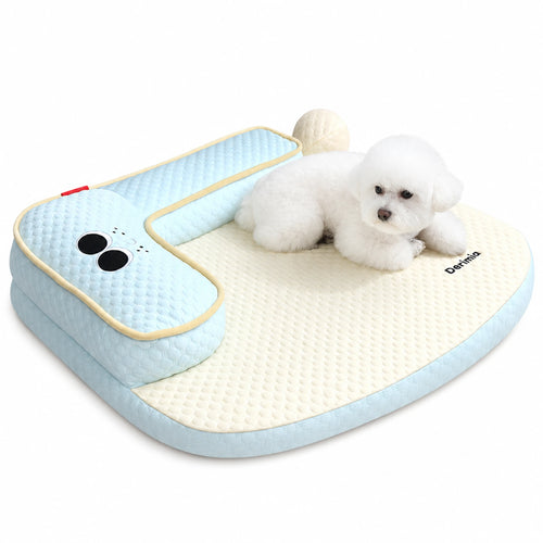 Ice blue cooling pet sleep mat with neck pillow and small white dog on a white background