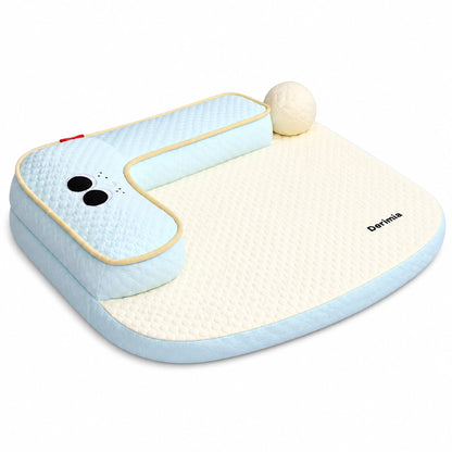 Ice blue pet sleep mat with raised neck pillow and attached play ball