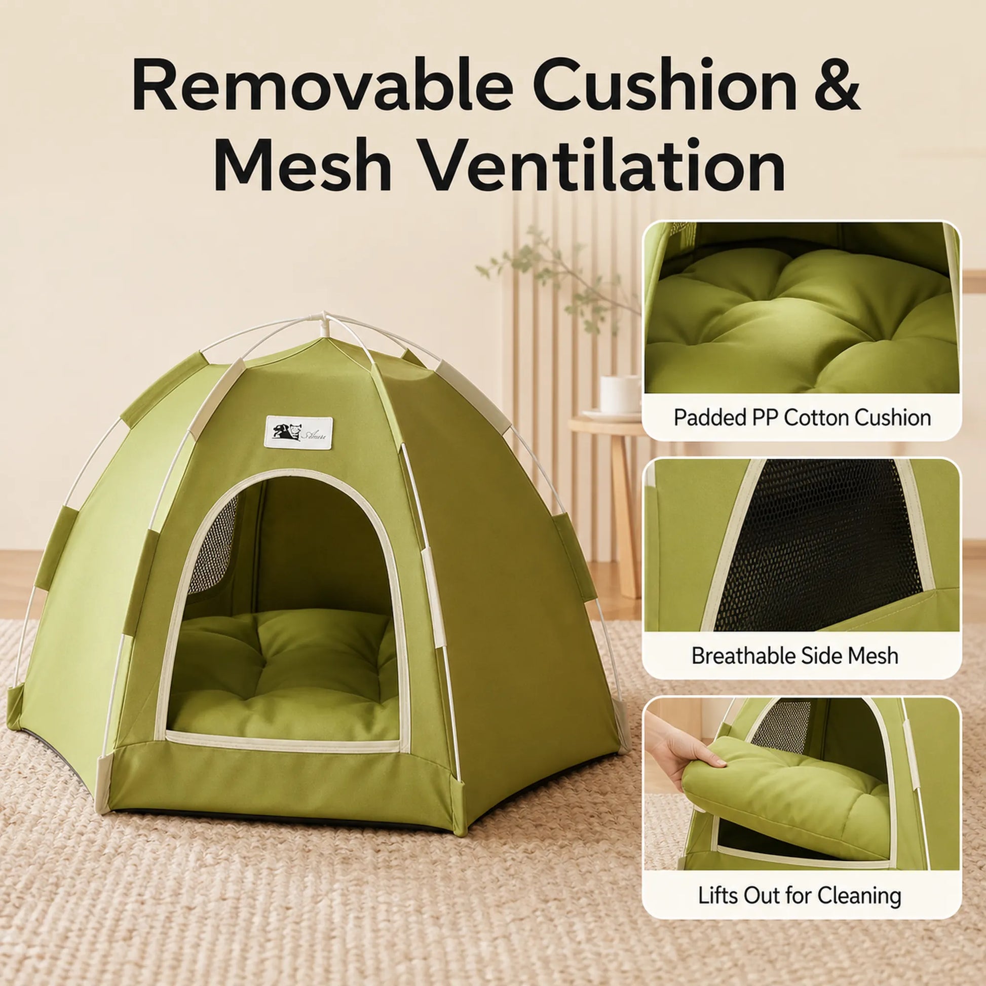 Removable PP cotton cushion and breathable side mesh details on the pet tent