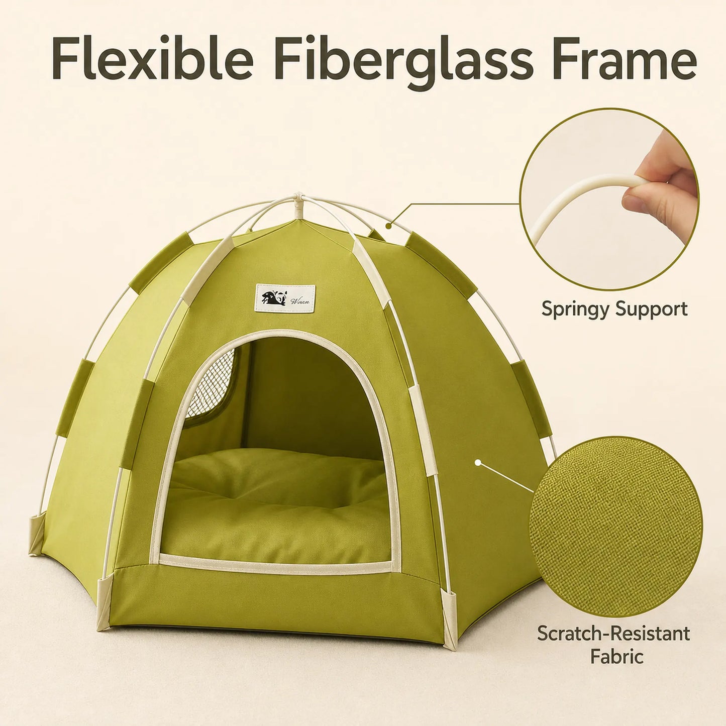 Flexible fiberglass frame and scratch-resistant fabric details on the pet tent