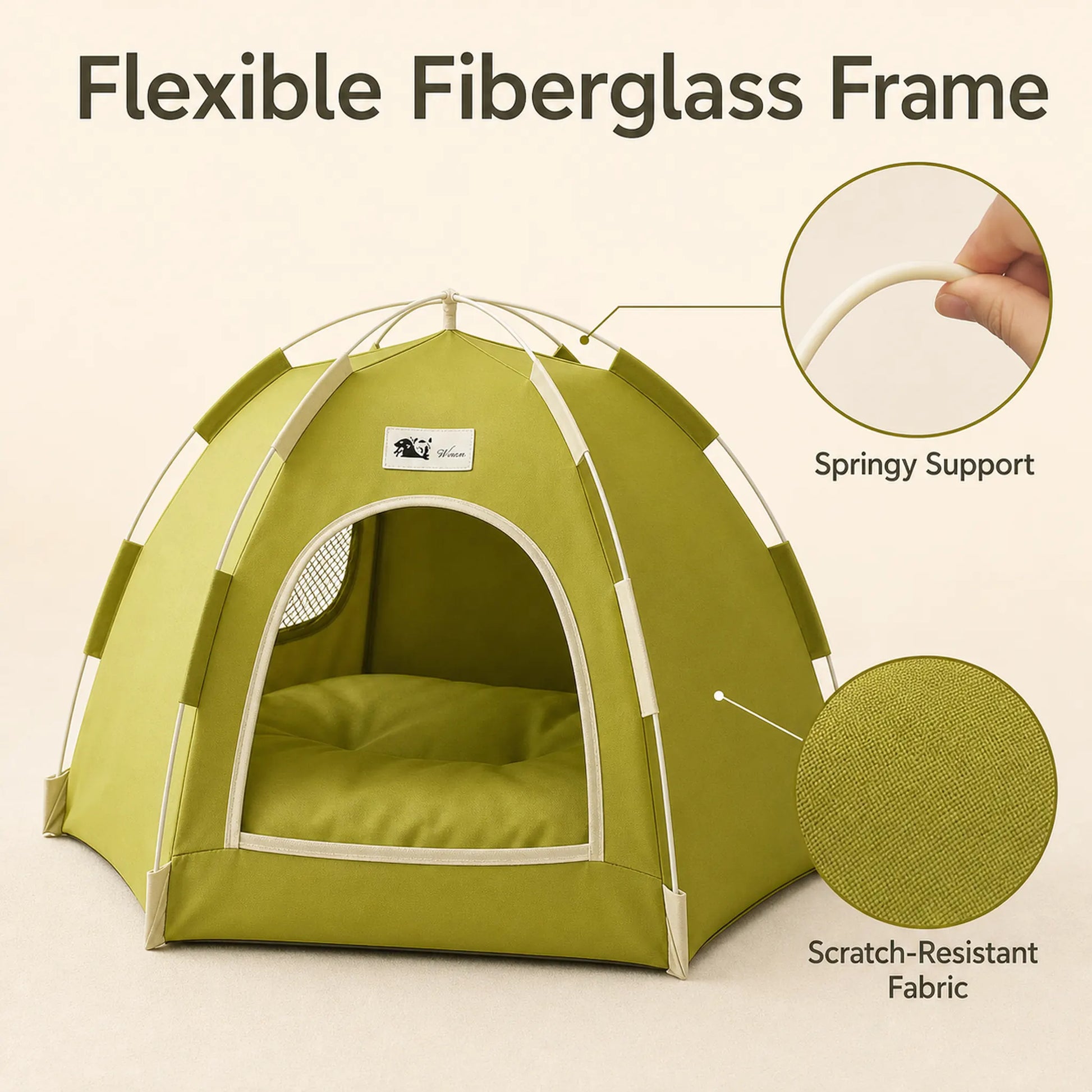 Flexible fiberglass frame and scratch-resistant fabric details on the pet tent