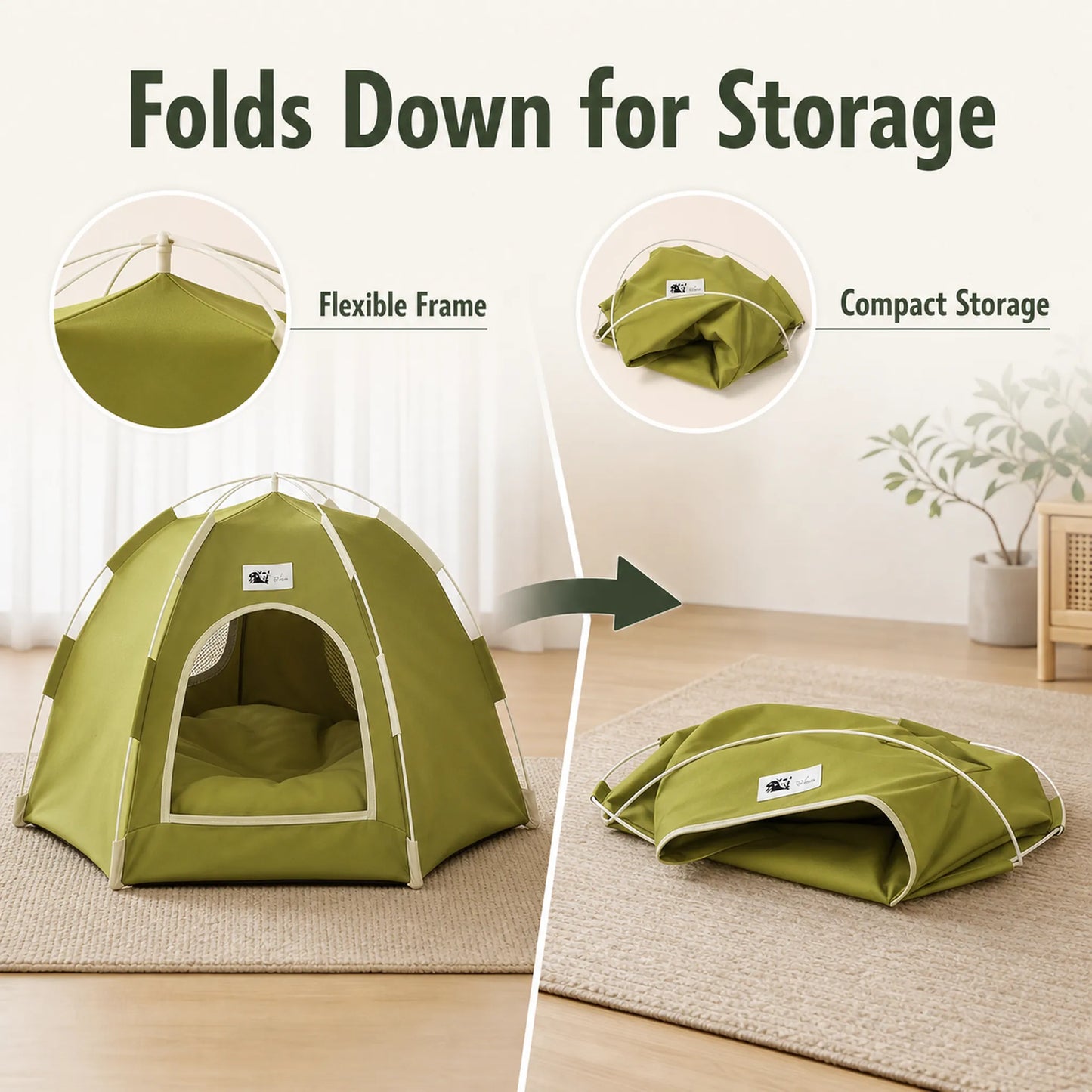 Green foldable pet tent shown assembled and folded down for compact storage
