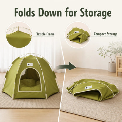 Green foldable pet tent shown assembled and folded down for compact storage