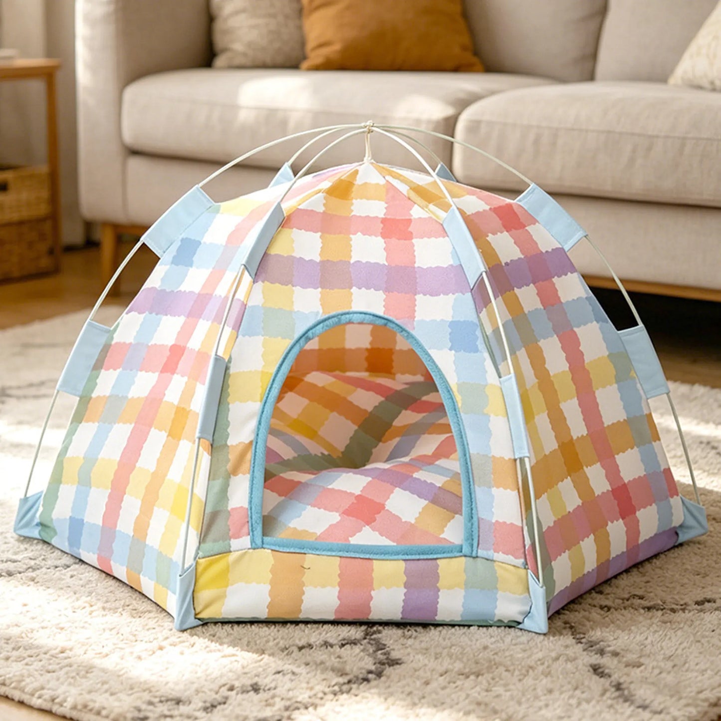 Pastel Plaid foldable pet tent bed in a softly lit living room