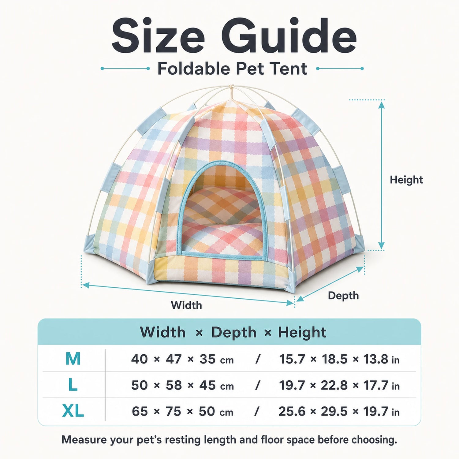 Foldable pet tent size guide for M, L, and XL in centimeters and inches
