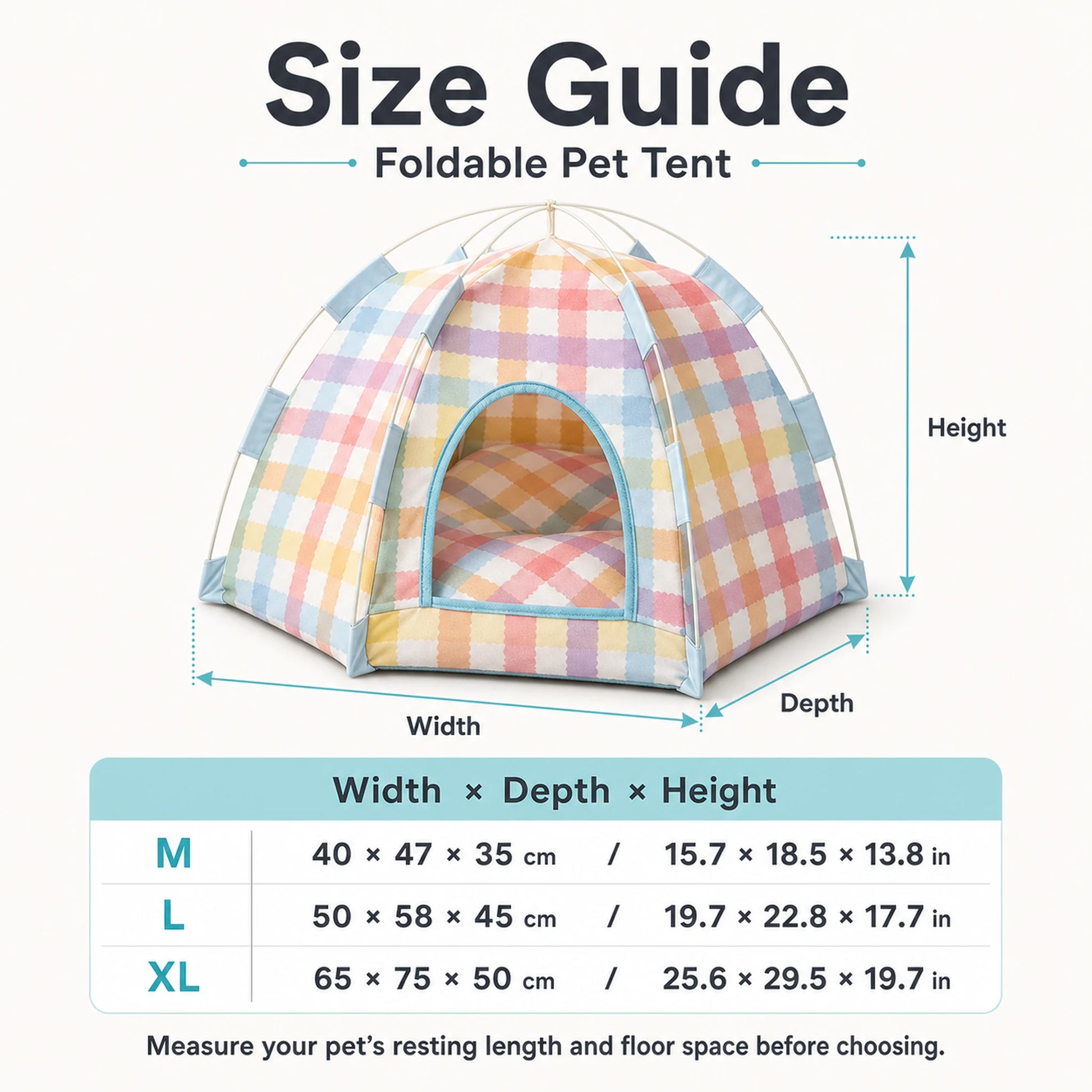 Foldable pet tent size guide for M, L, and XL in centimeters and inches