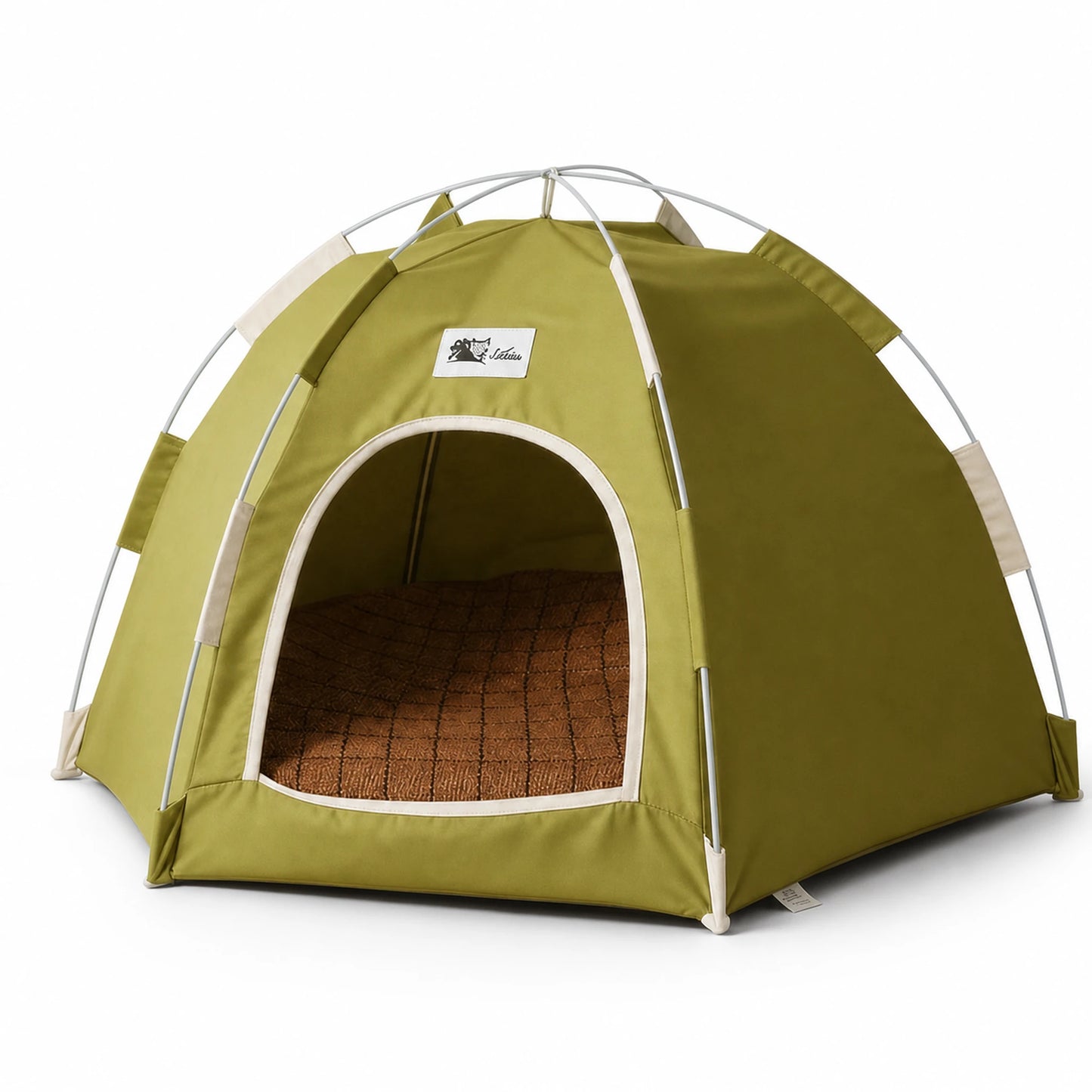 Green foldable pet tent bed with brown woven cooling mat