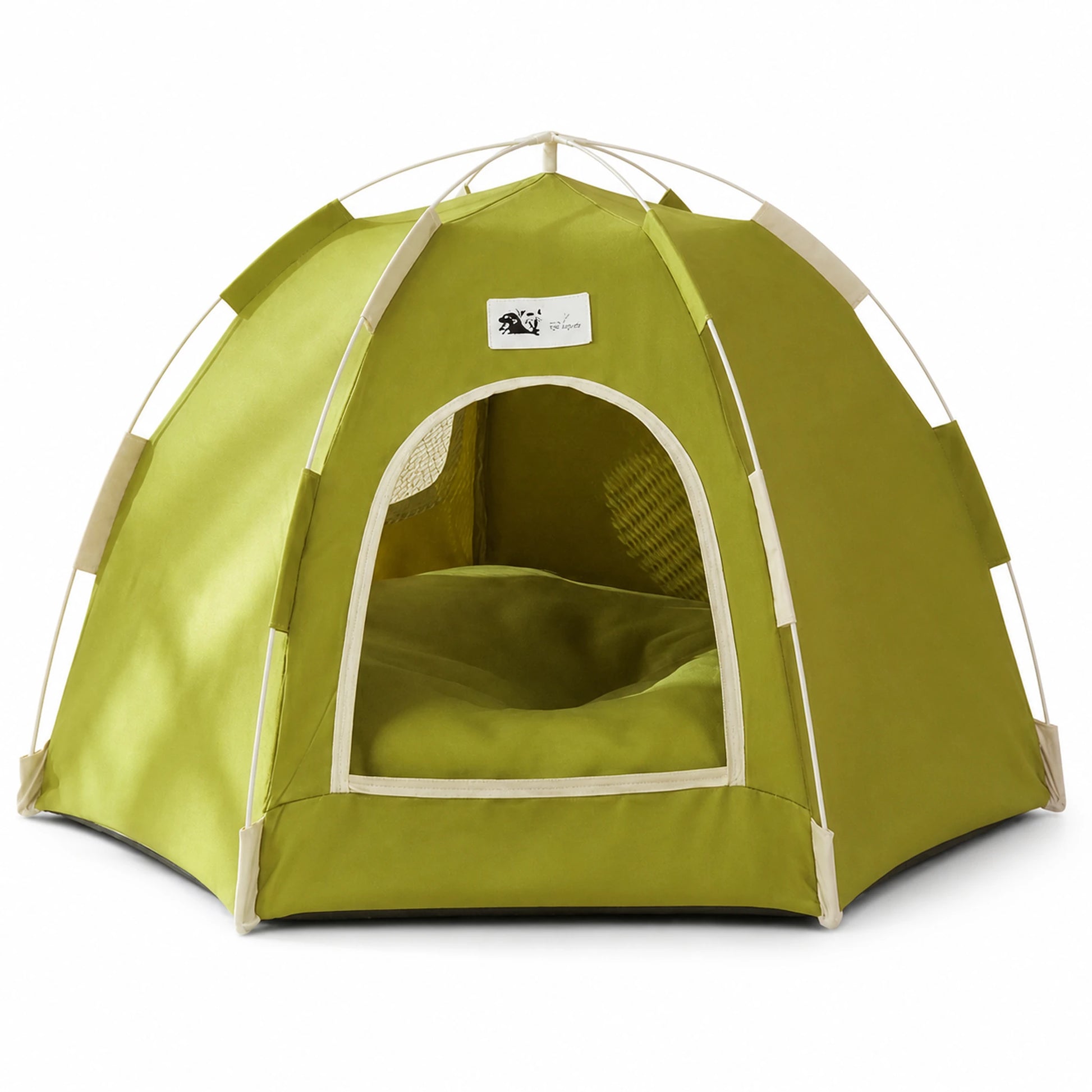 Green foldable pet tent bed with removable padded cushion