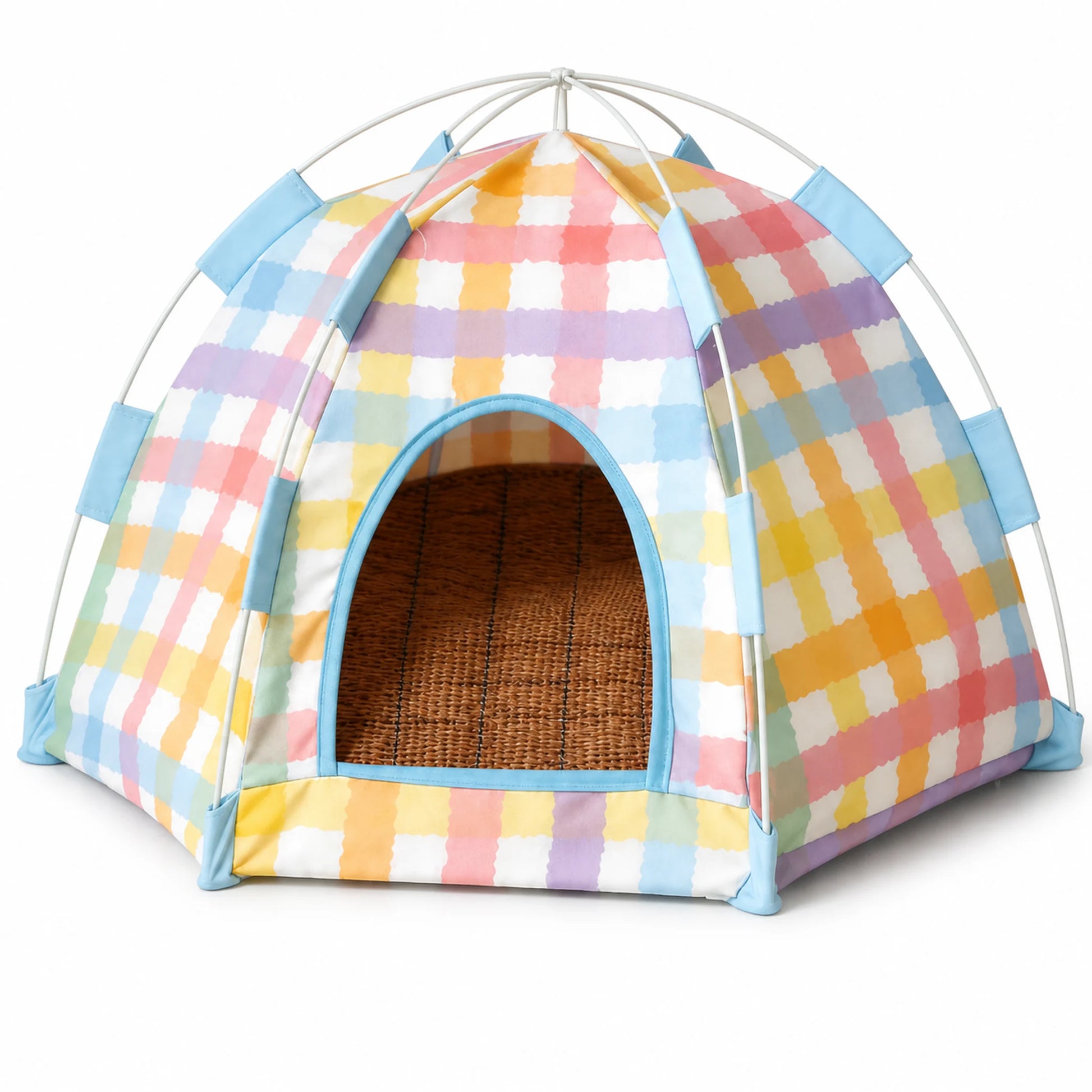 Pastel Plaid foldable pet tent bed with brown woven cooling mat