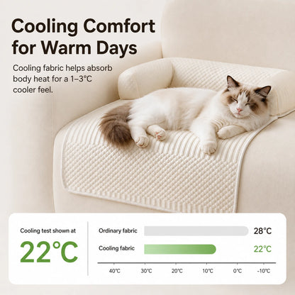 Cooling pet mat comparison showing 22°C cooling fabric and 28°C ordinary fabric with a cat on a sofa