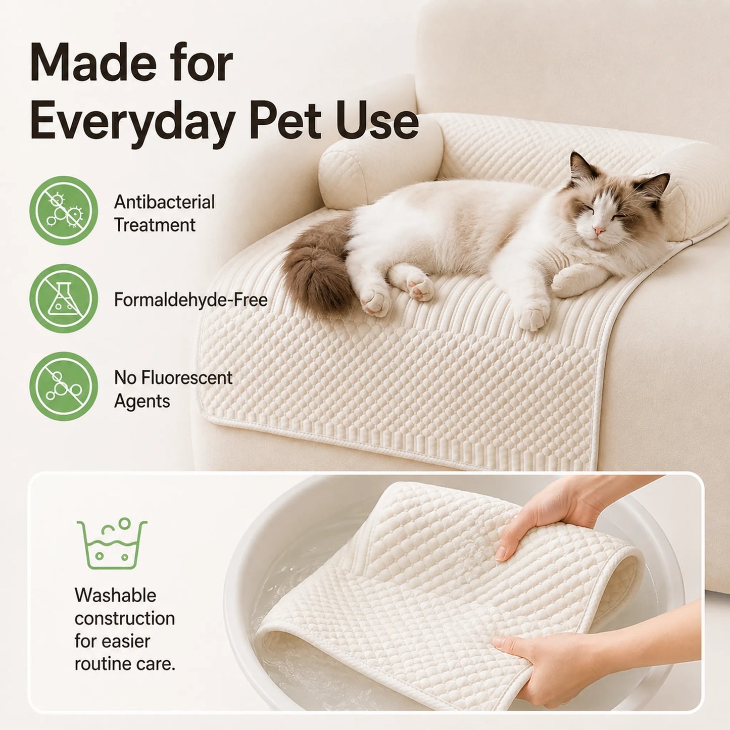 Washable off-white pet mat with antibacterial treatment, formaldehyde-free and no fluorescent agents