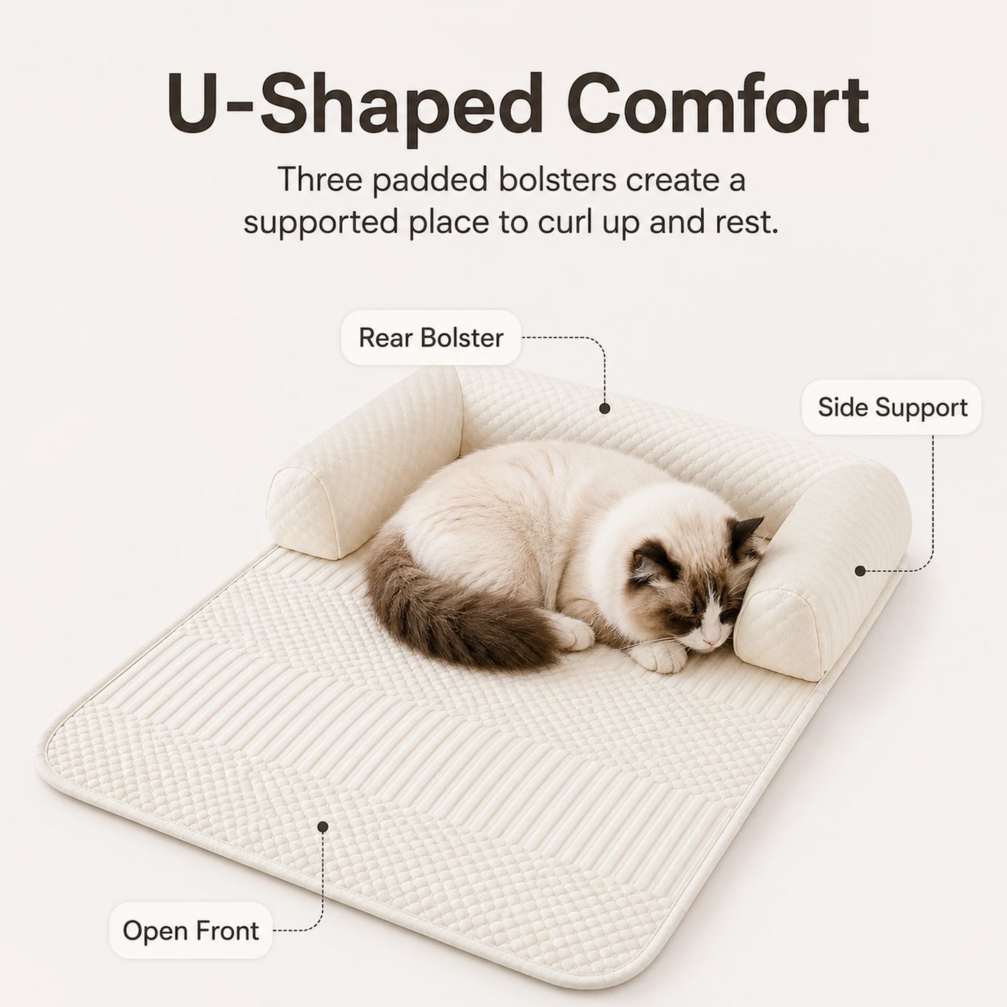 U-shaped sofa pet mat showing the rear bolster, side supports and open front with a resting cat