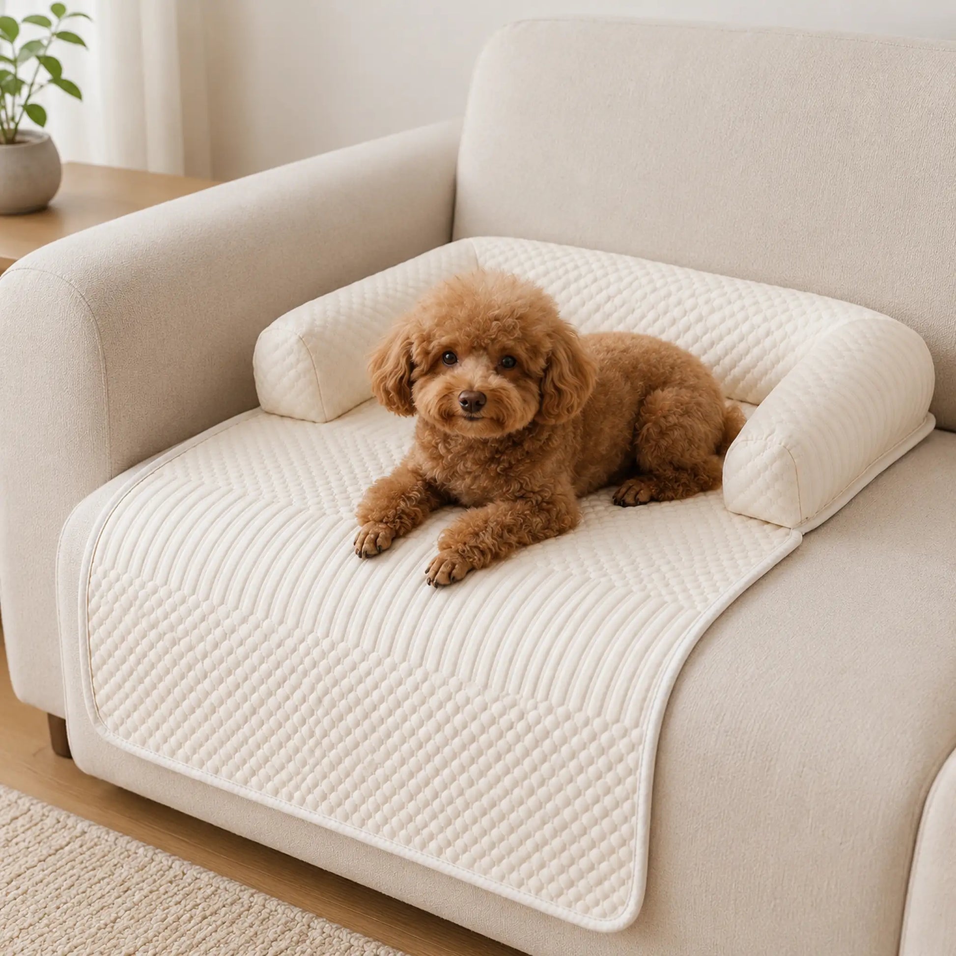 Small apricot poodle resting on an off-white U-shaped cooling sofa pet mat