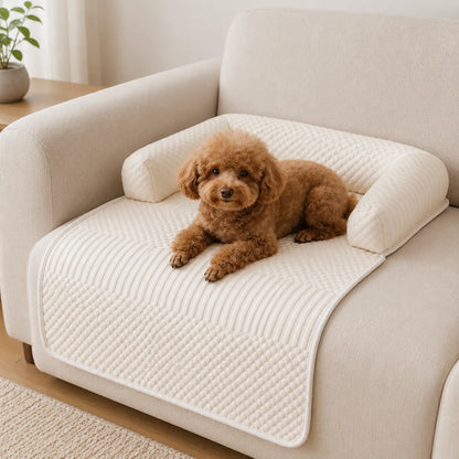Small apricot poodle resting on an off-white U-shaped cooling sofa pet mat