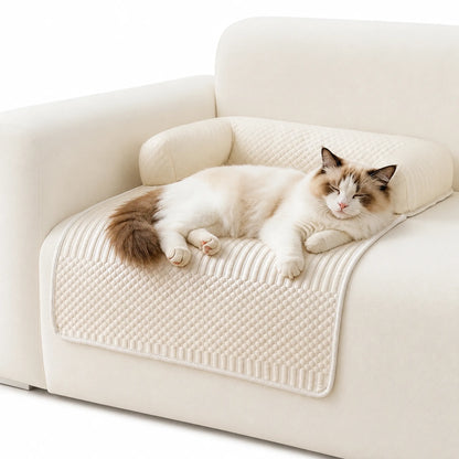 Off-white cooling U-shaped sofa pet mat with a Ragdoll cat resting on a white sofa