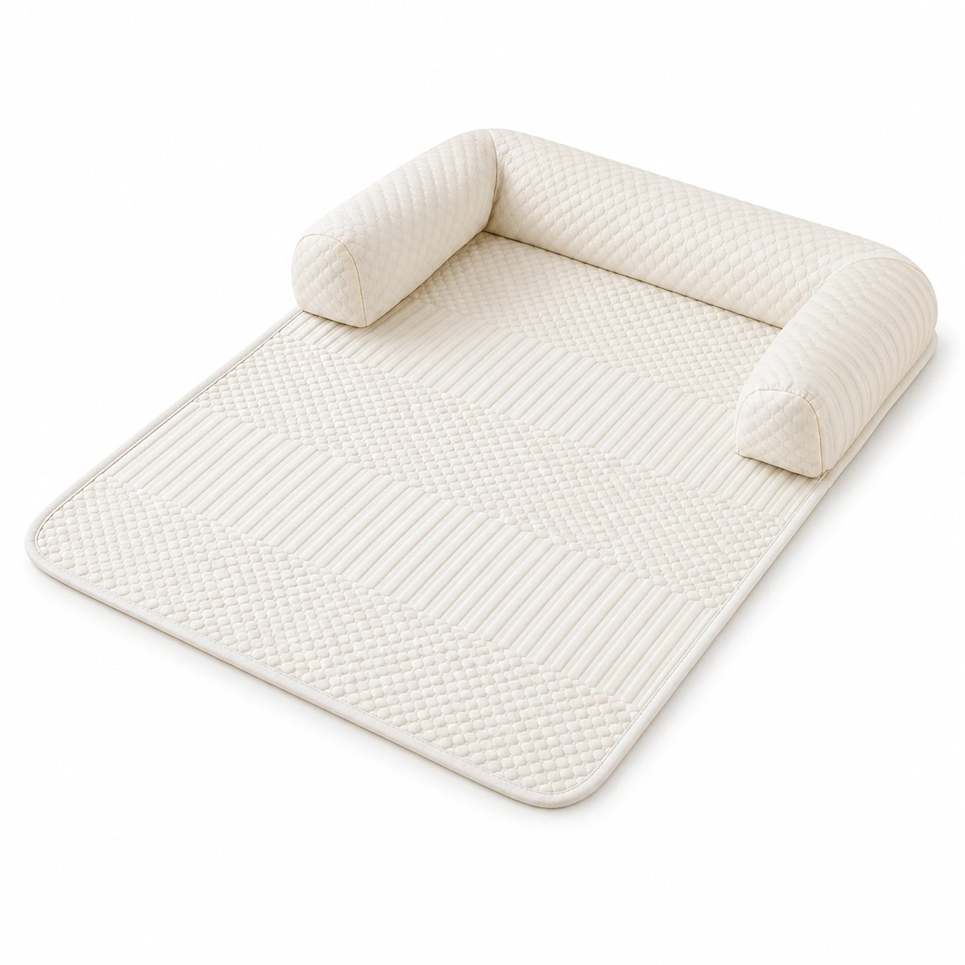 Off-white U-shaped cooling sofa pet mat with three padded bolsters on a white background