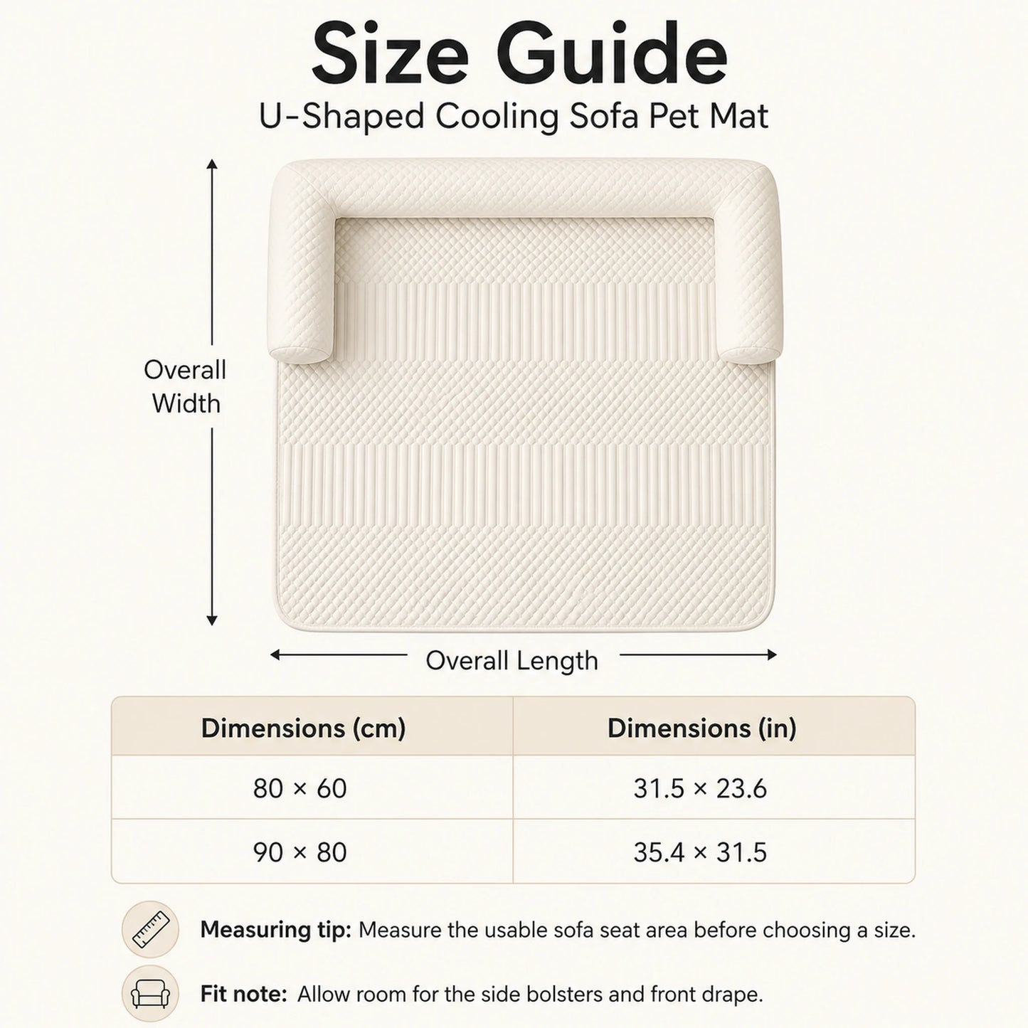 Size guide for the U-shaped cooling sofa pet mat in 80 by 60 and 90 by 80 centimeters