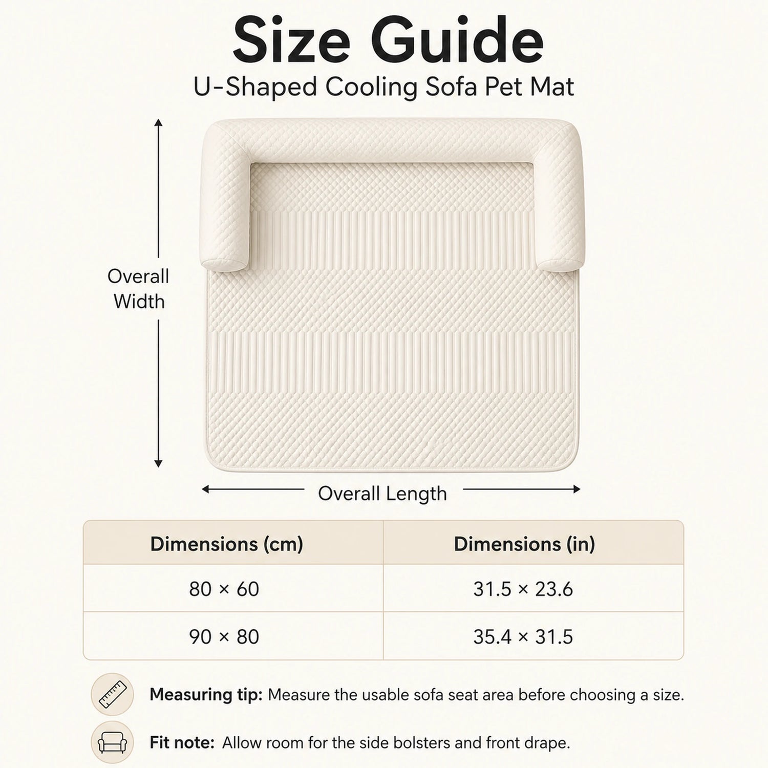 Size guide for the U-shaped cooling sofa pet mat in 80 by 60 and 90 by 80 centimeters