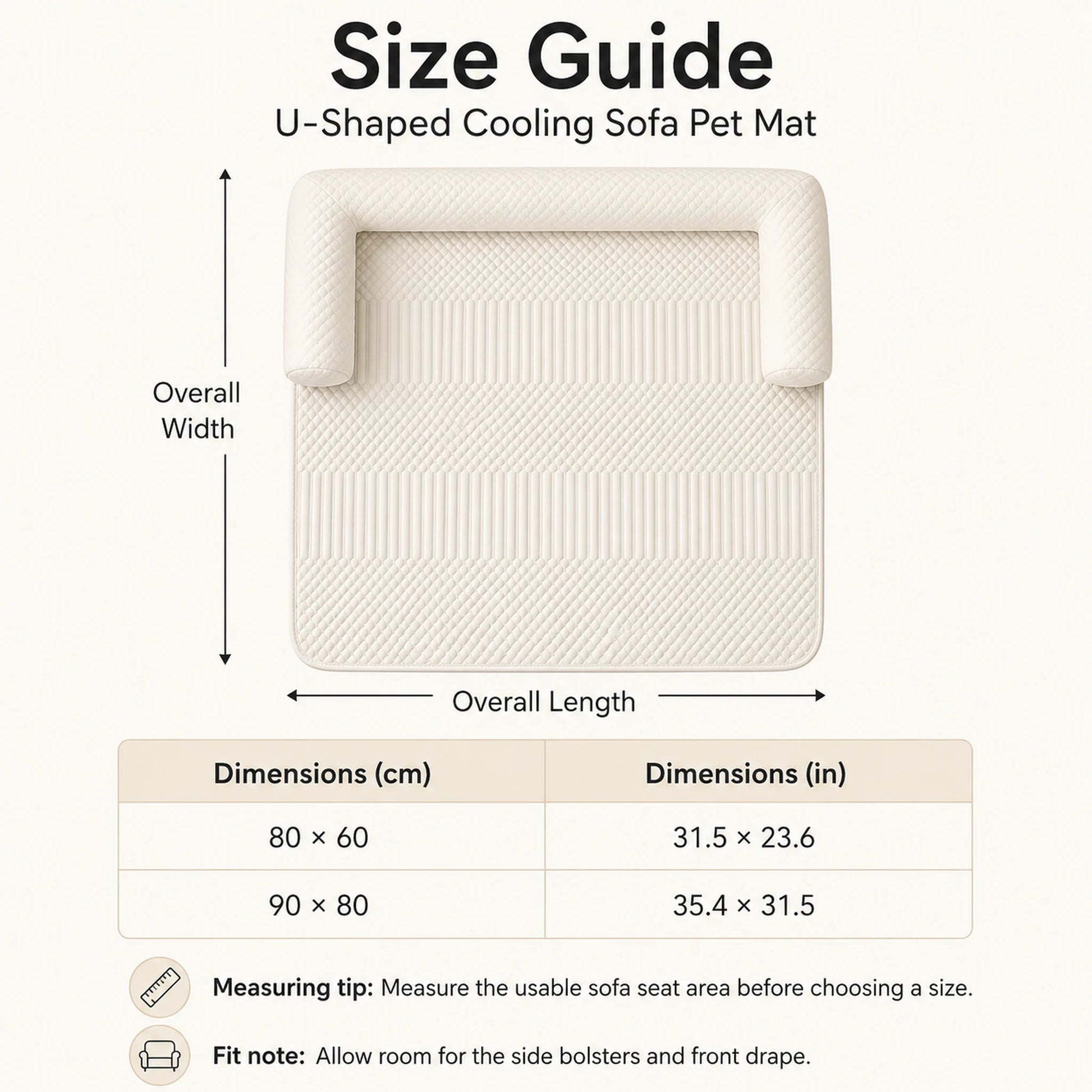 Size guide for the U-shaped cooling sofa pet mat in 80 by 60 and 90 by 80 centimeters