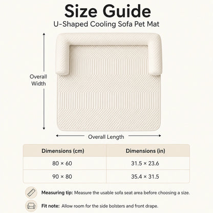Size guide for the U-shaped cooling sofa pet mat in 80 by 60 and 90 by 80 centimeters