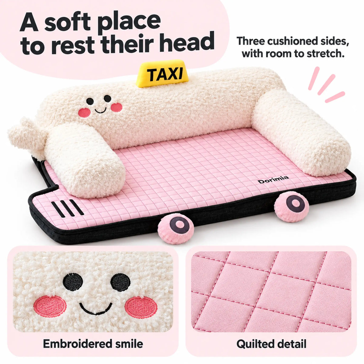 Three plush bolsters on a pink dog bed with close-ups of the embroidered smile and quilting.