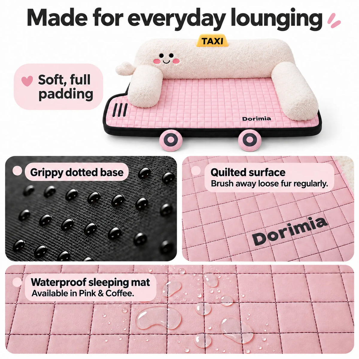 Pink pet bed details showing padding, dotted grip backing, quilting and waterproof sleeping mat available in Pink and Coffee.