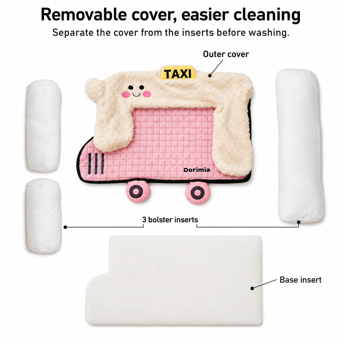 Removable pink bed cover shown with three separate bolster inserts and one shaped base insert.