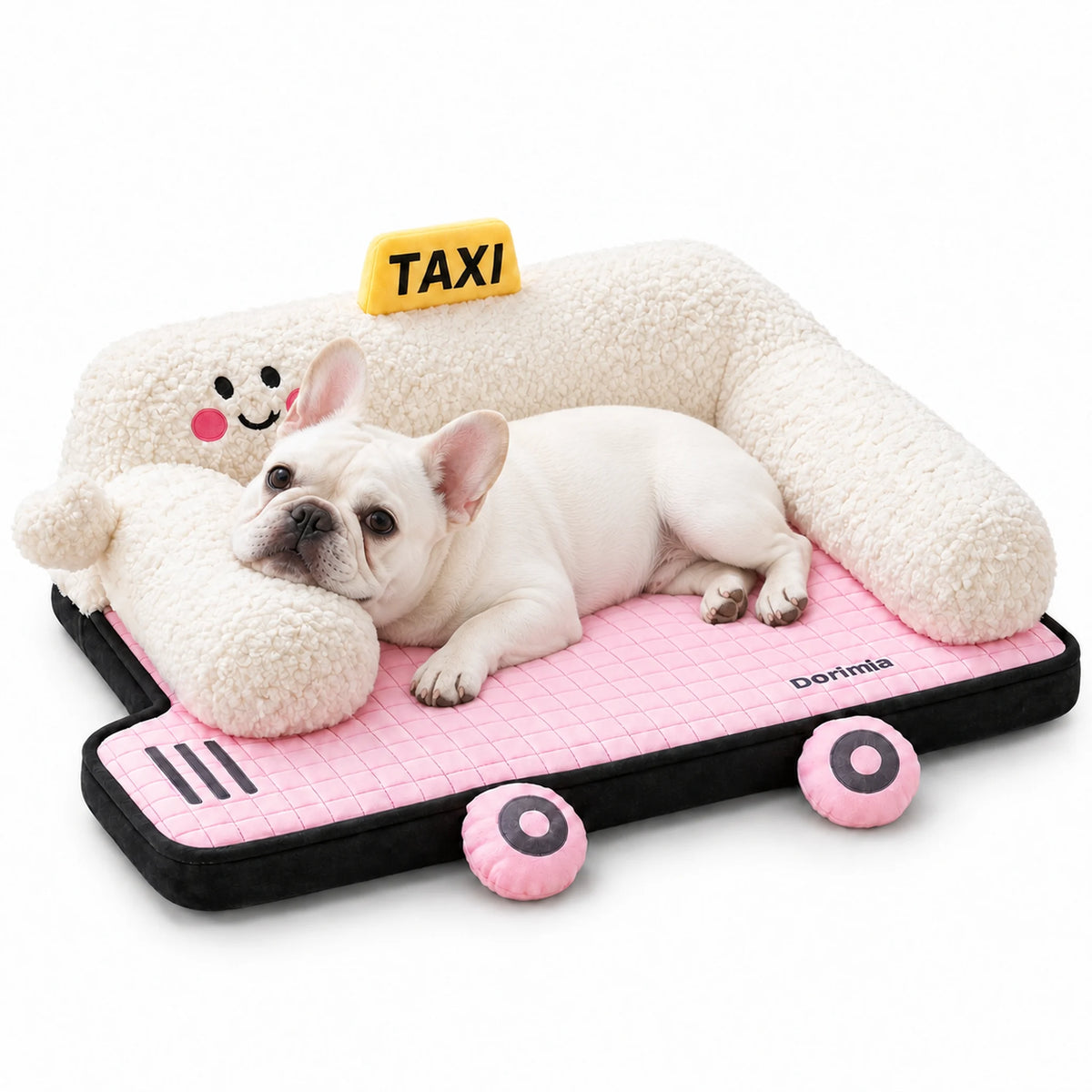 White French bulldog resting its head on the left bolster of a pink car-shaped dog bed.