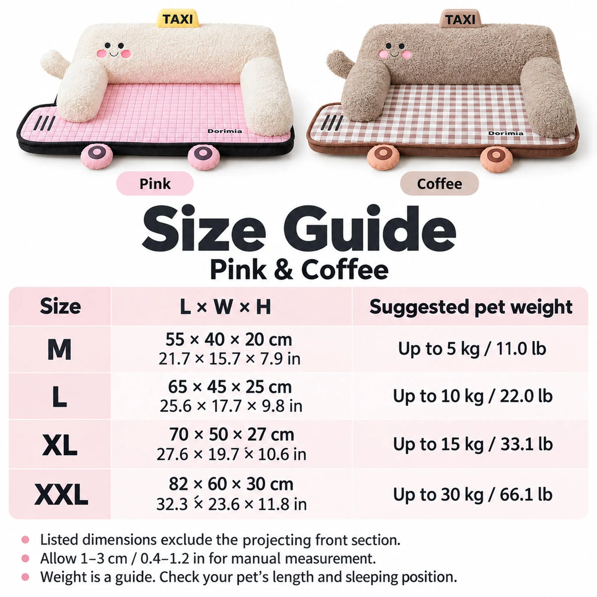 Pink and Coffee pet bed size guide for M, L, XL and XXL, with centimetres, inches and suggested pet weights.