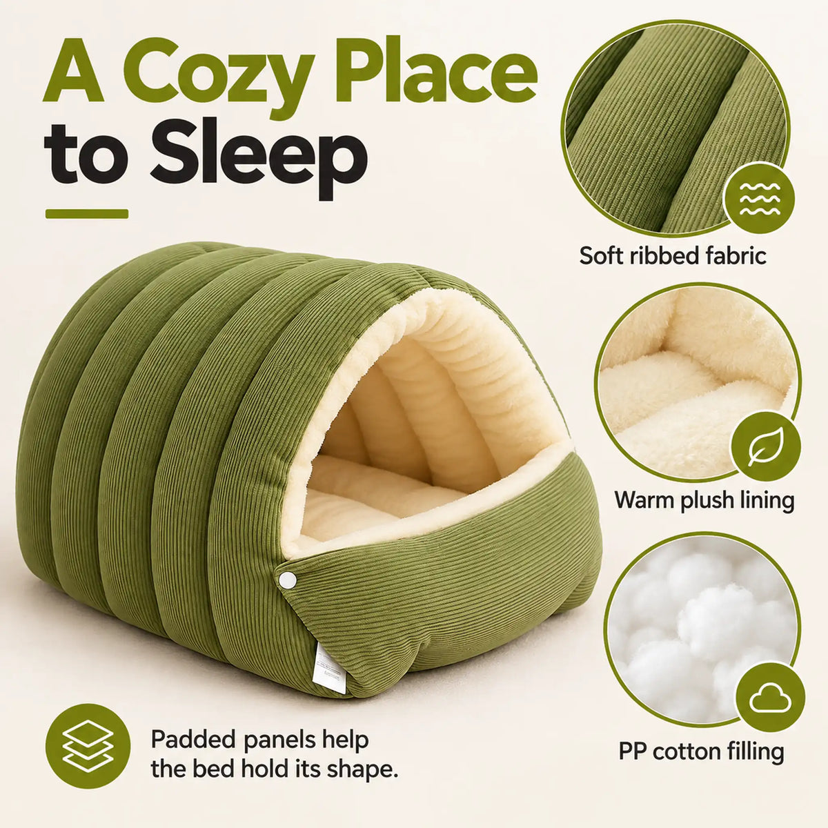 Ribbed pet bed showing soft outer fabric, warm plush lining and PP cotton filling.