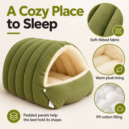 Ribbed pet bed showing soft outer fabric, warm plush lining and PP cotton filling.
